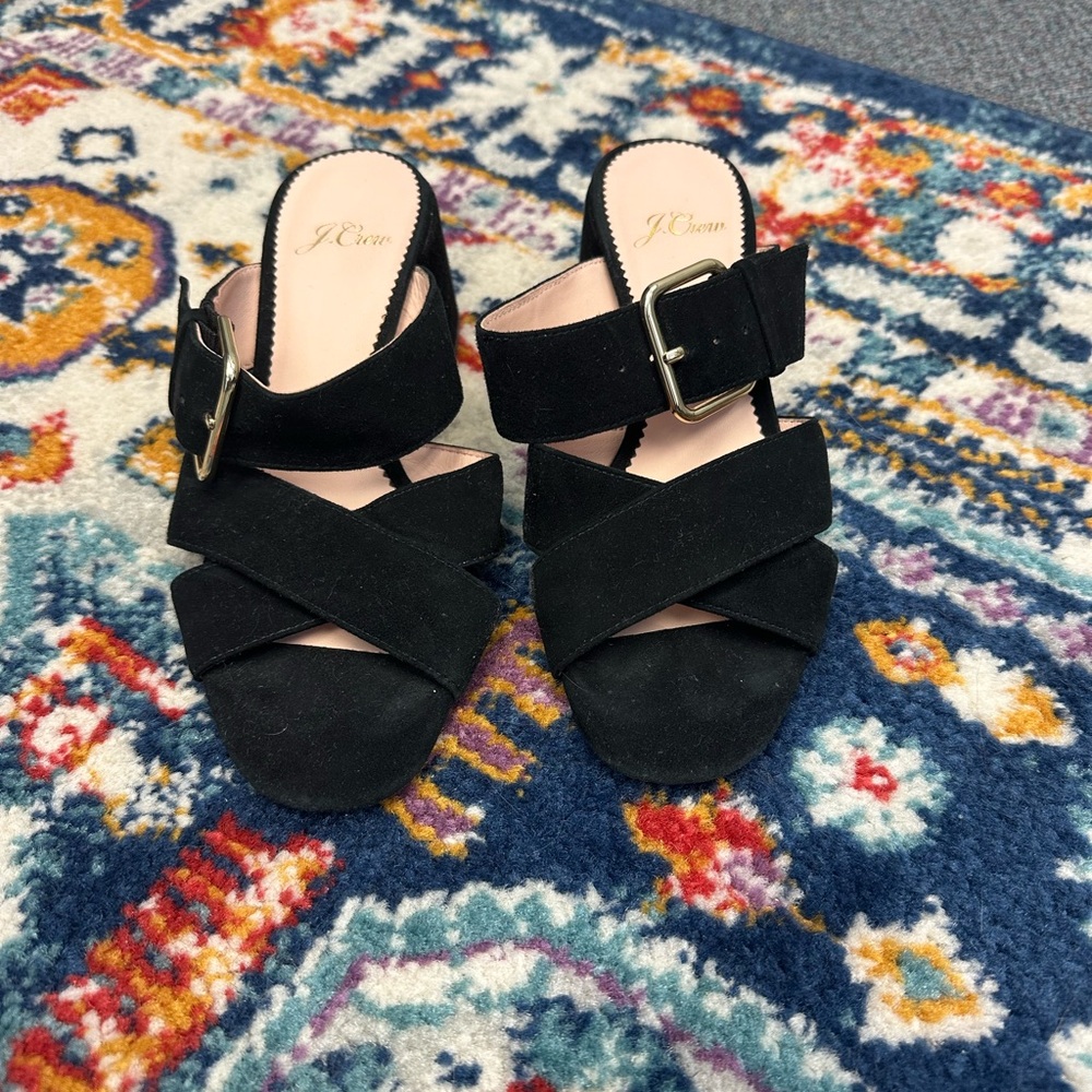 J. Crew Penny Buckle Mules Black Suede Block Heel Sandal 5 Career Preppy - Picture 3 of 7